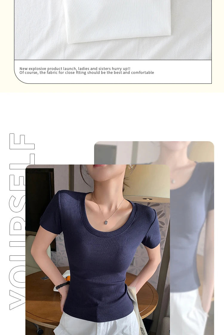 BIVIGAOS Summer New Solid Color U-Neck Short Sleeve T-Shirt Women Casual Fashionable Threaded Cotton Slim Tshirt Top