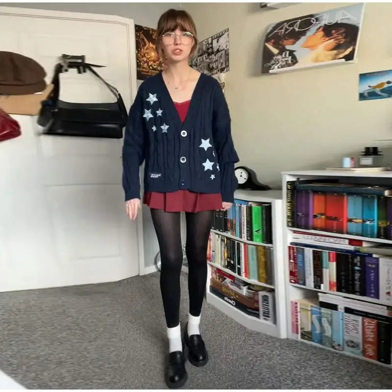 Elegant Star Print Knit Cardigan Women's Loose Long Sleeve Single Breasted Sweater 2025 Autumn Lady Fashion Soft Cozy Cover Up