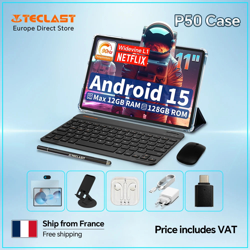 Teclast P50Case Tablet Android 15 11" 12GB(4GB+8GB) RAM 128GB ROM T606 8-Core 7000mAh P50 Case/Keyboard/Mouse/Stylus/Headphone