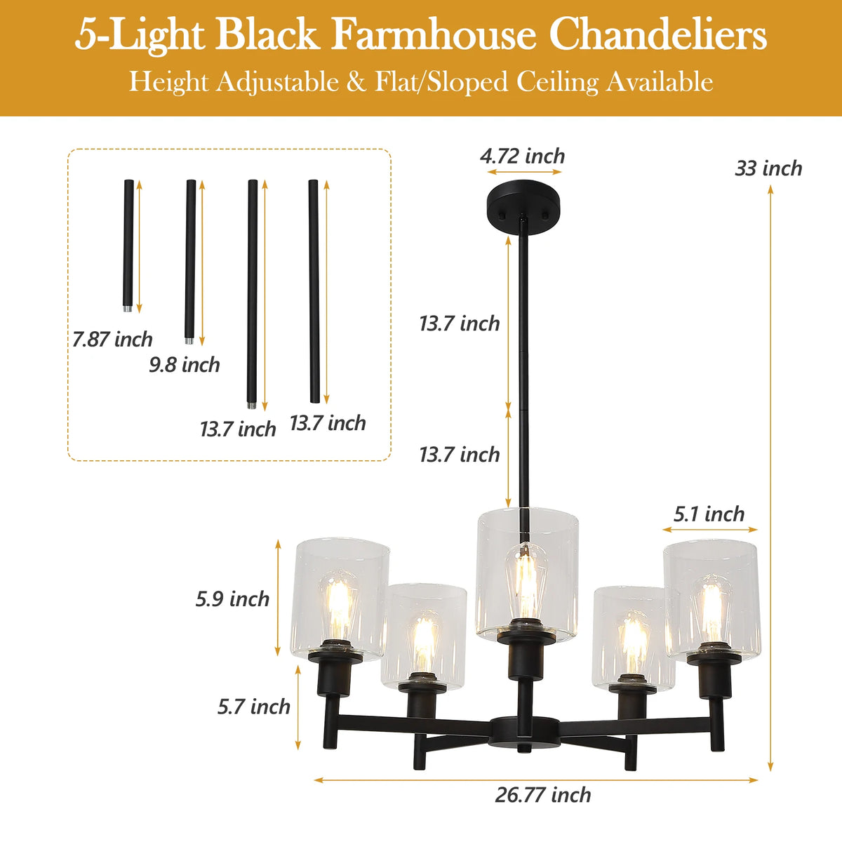 Chandelier for Dinning Room Light Fixture, Kitchen Island Modern Farmhouse Pendant Ceiling Lights with Clear Glass Shade
