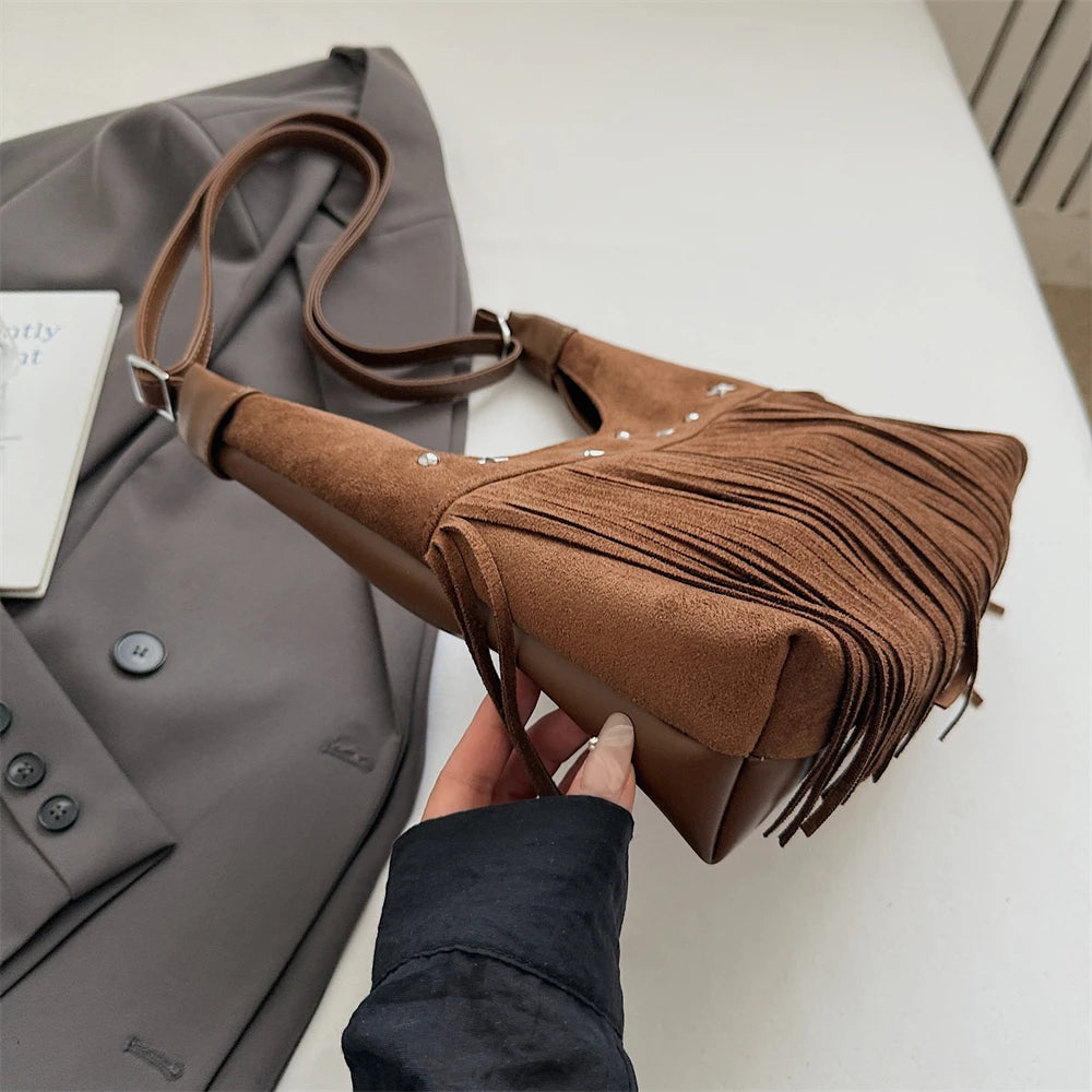 MOODS Fashion Shoulder Bags For Women Rivets Tassels Decored PU Suede Cross Body Bag 2025 Autumn Latest Luxury Designer Handbags