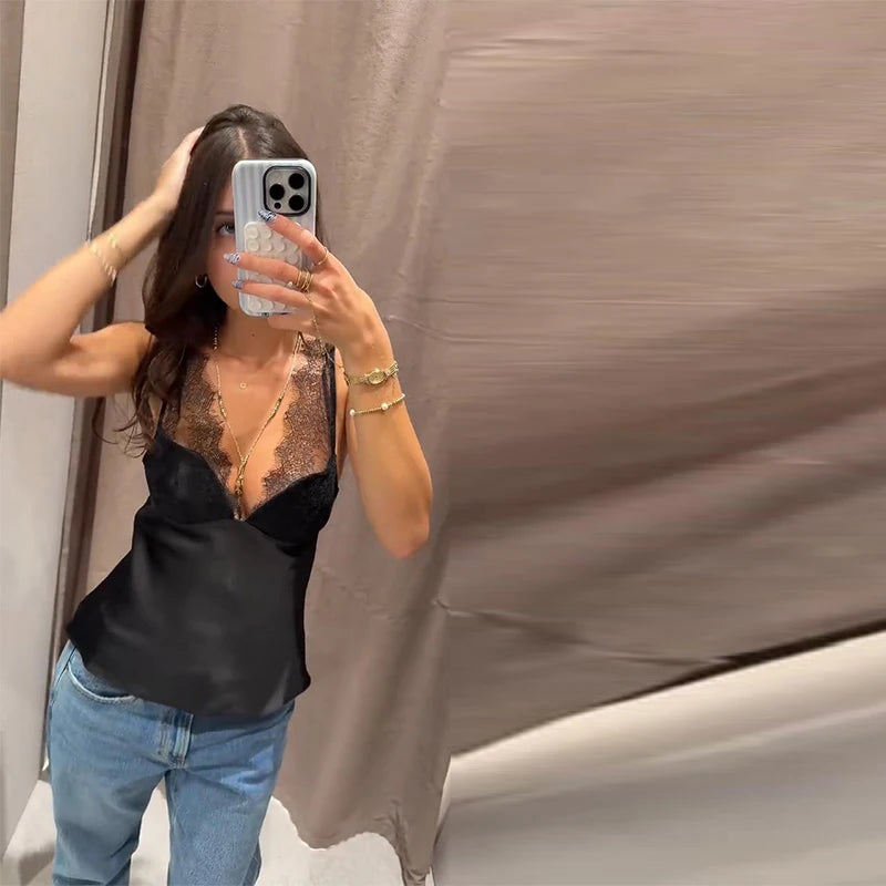 Sexy Women's Sling Lace Silk-Faced N-Neck Black Sleeveless Lady Top 2025 Autumn Winter Elegant Women Vest Streetwear