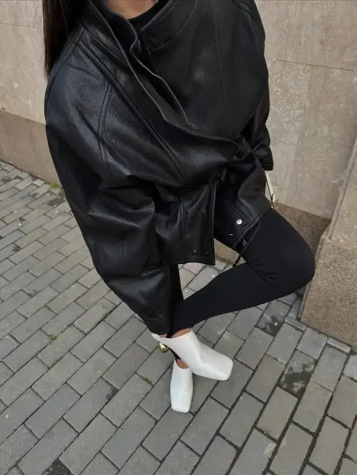 Solid Glossy Leather Jacket Women Fashion Stand Collar Zipper Pocket Cinched-waist Coat Autumn Lady Daily High Street Overcoat
