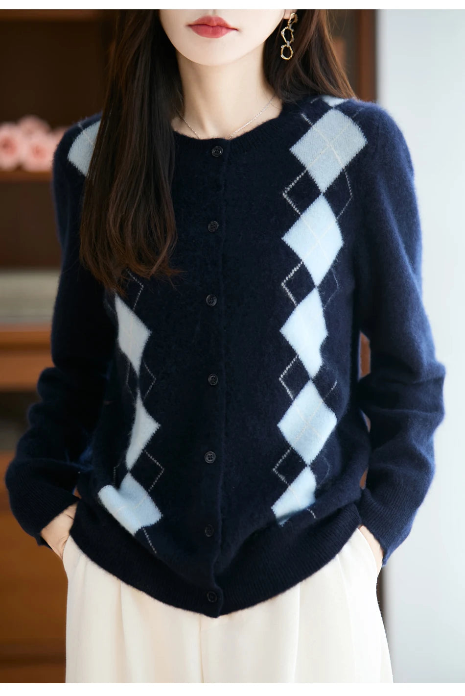 Quality Women's 100% Merino Wool O-neck Diamond Grid Jacquard Cardigan Autumn Winter Casual Sweater Basic Simple Comfort Knitted