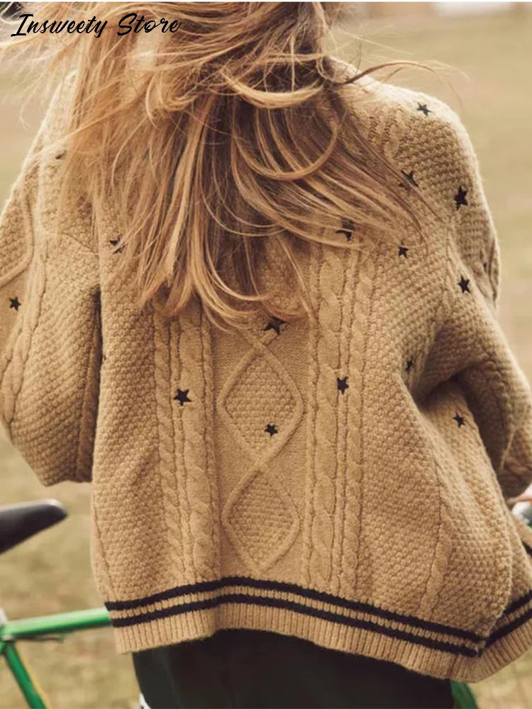 Elegant Star Print Knit Cardigan Women's Loose Long Sleeve Single Breasted Sweater 2025 Autumn Lady Fashion Soft Cozy Cover Up