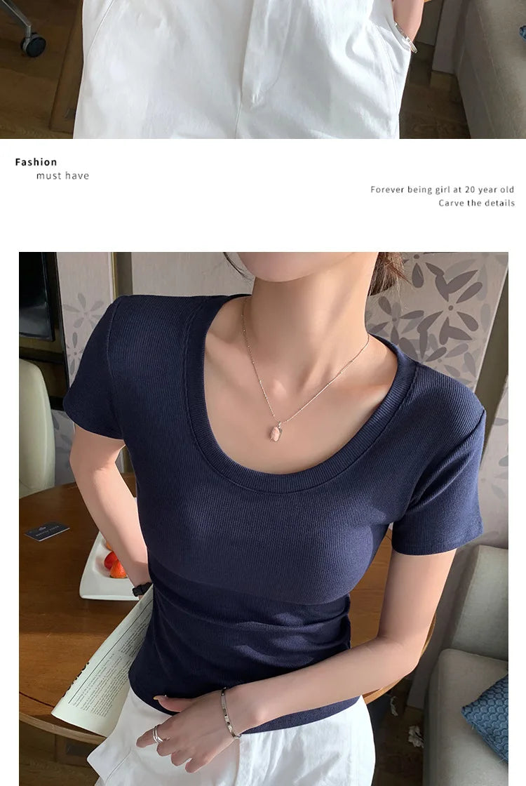 BIVIGAOS Summer New Solid Color U-Neck Short Sleeve T-Shirt Women Casual Fashionable Threaded Cotton Slim Tshirt Top