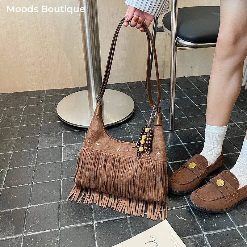MOODS Fashion Shoulder Bags For Women Rivets Tassels Decored PU Suede Cross Body Bag 2025 Autumn Latest Luxury Designer Handbags