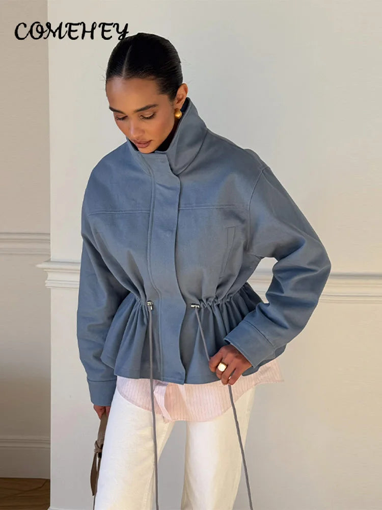 Fashion Solid Drawstring Waist Cinching Jacket Women Stand Full Sleeve Full Sleeve Pocket Jackets 2026 Autumn Casual Outwear