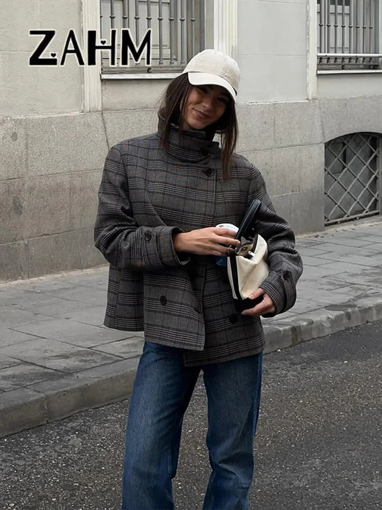 Elegant Plaid Woolen Jacket Women Loose Full Sleeve Stand Collar Double Breasted Coat Female 2026 Spring Chic Outwear Lady New