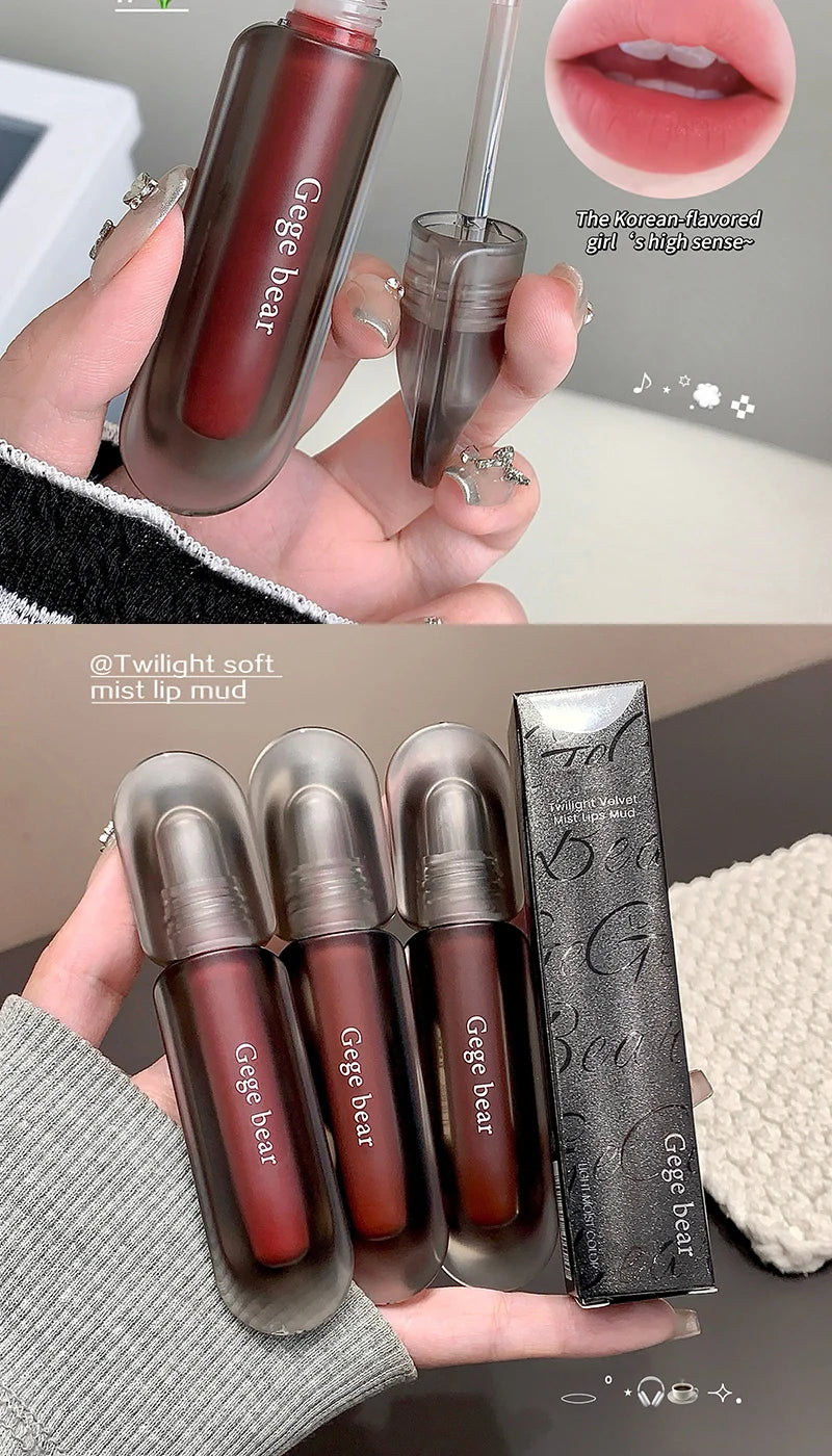Gege bear Twilight Velvet Mist Lip Clay Matte Pure Color, Autumn and Winter Lip Glaze Rich and feminine,Apply makeup naturally