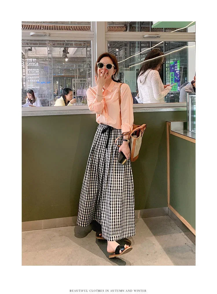Plaid Wide-leg Skort Women's Spring Autumn New Elastic Waist A- line Half Umbrella Skirt Loose-fit Versatile Casual Trousers