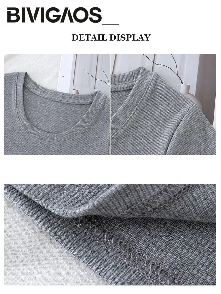 BIVIGAOS Summer New Solid Color U-Neck Short Sleeve T-Shirt Women Casual Fashionable Threaded Cotton Slim Tshirt Top