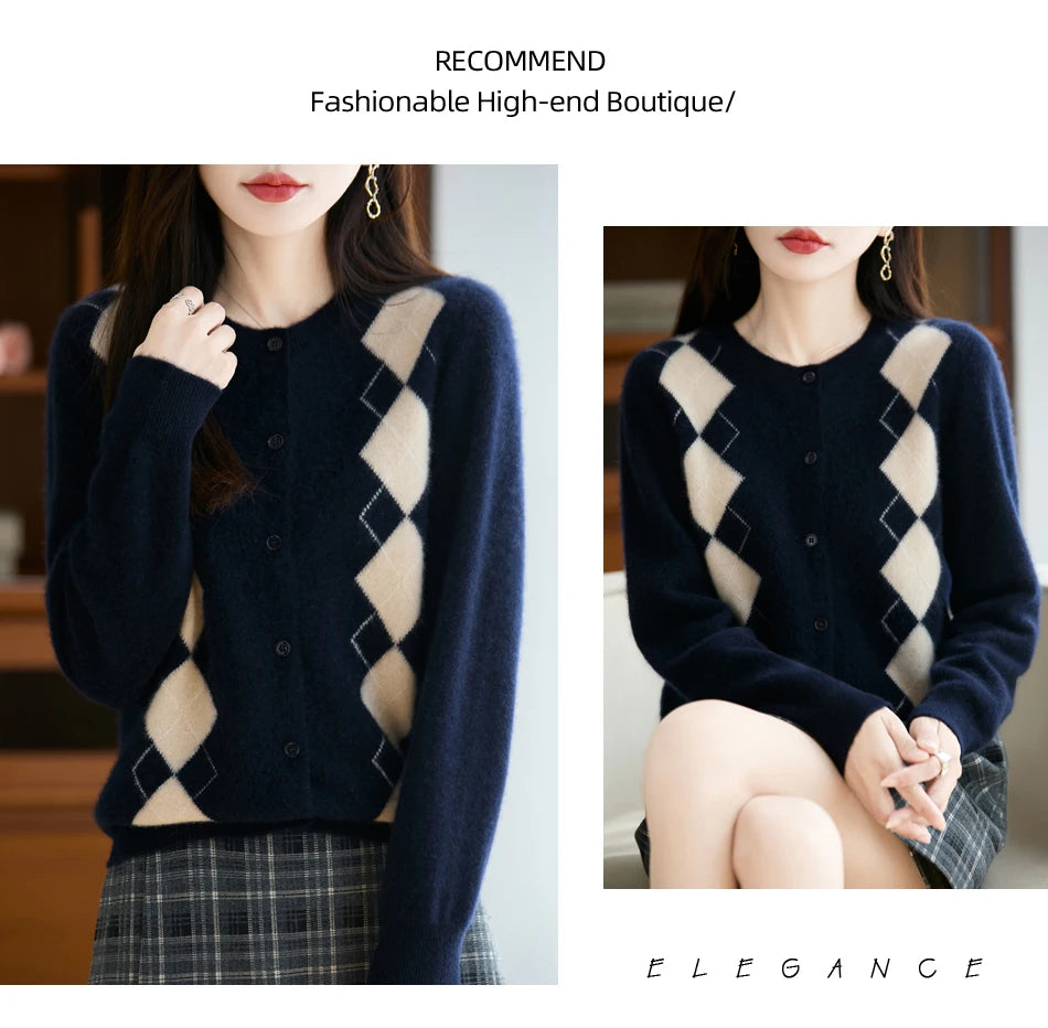 Quality Women's 100% Merino Wool O-neck Diamond Grid Jacquard Cardigan Autumn Winter Casual Sweater Basic Simple Comfort Knitted