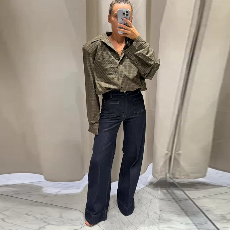 Casual Women's Grid Shirts Shoulder Pad Turn-Down Collar Button Loose Lady Shirt 2026 Spring Fashion Female Street Outwear