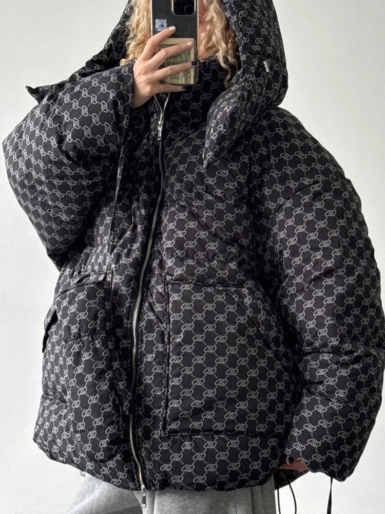 2026 Winter Printed Hooded Puffer Coat Stand Collar Zip Up Big Pockets Women Street Casual Daily Fashion Outfit Trendy Outerwear