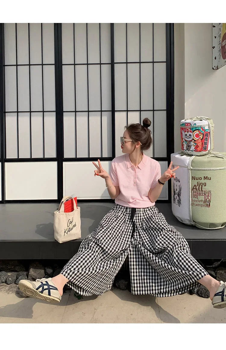 Plaid Wide-leg Skort Women's Spring Autumn New Elastic Waist A- line Half Umbrella Skirt Loose-fit Versatile Casual Trousers