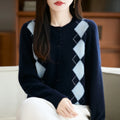 Quality Women's 100% Merino Wool O-neck Diamond Grid Jacquard Cardigan Autumn Winter Casual Sweater Basic Simple Comfort Knitted