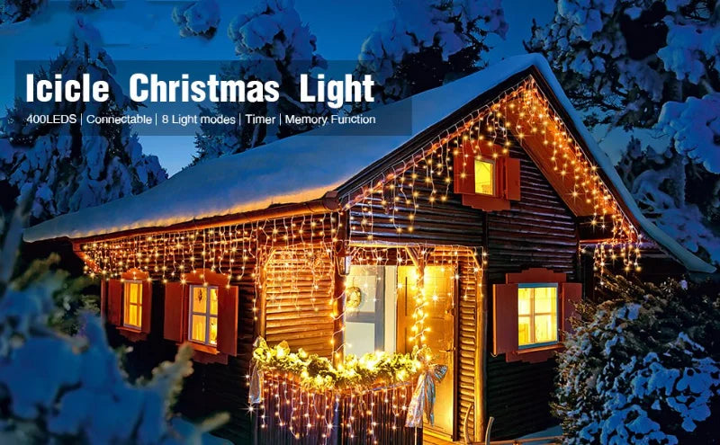 Christmas Decoration 2025 Led Lights Outdoor Street Garland 8/12M Waterproof Connector Icicle Light New Year 2025 Decor for Home