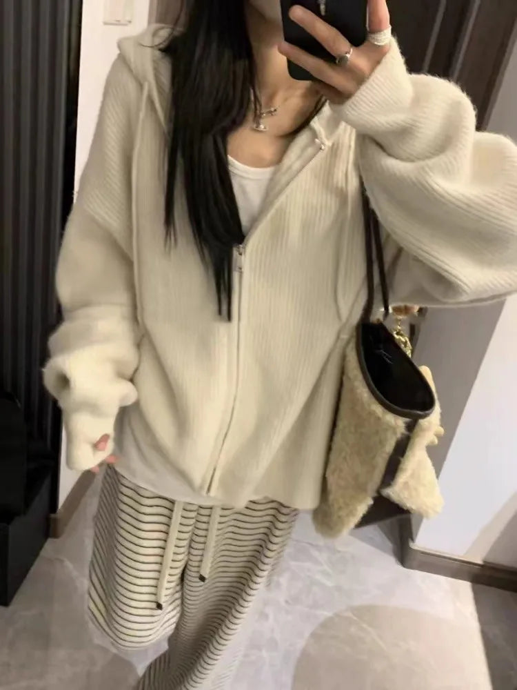 High-end zipper hooded pure cashmere knitted cardigan women's autumn and winter loose woolen coat hoodie and wool jacket