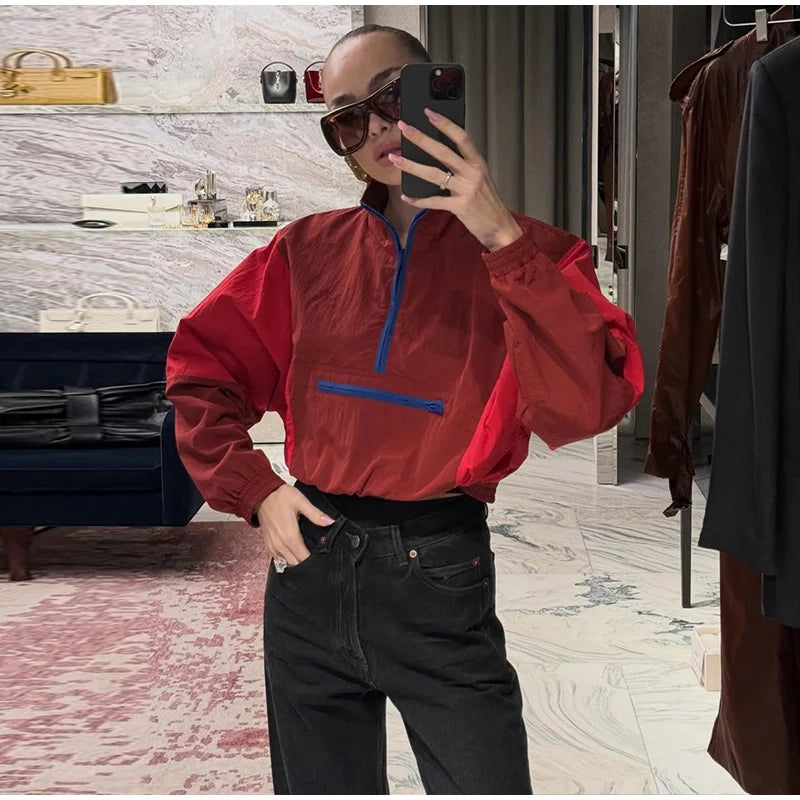 Fashion Color Blocking Women's Cropped Coats Autumn Patchwork Lapel Full Sleeve Loose Jacket New Casual Street Outwear 2026