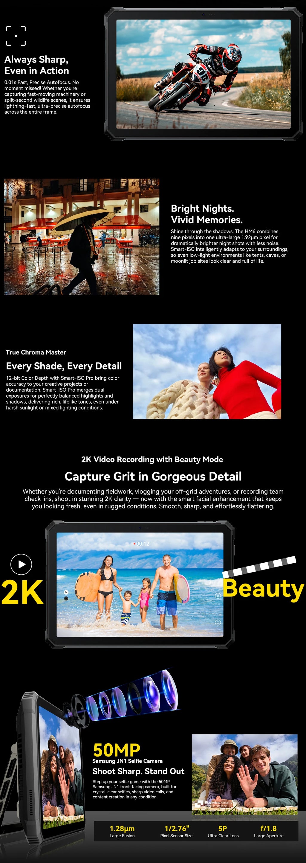 Blackview Active 12 Pro Rugged Tablet Android 15, Dimensity 7300 5G Pad 11 inch Widevine L1 Autofocus Projector, 16GB+ 1TB 30000mAh Tablet Phone 5G Calling