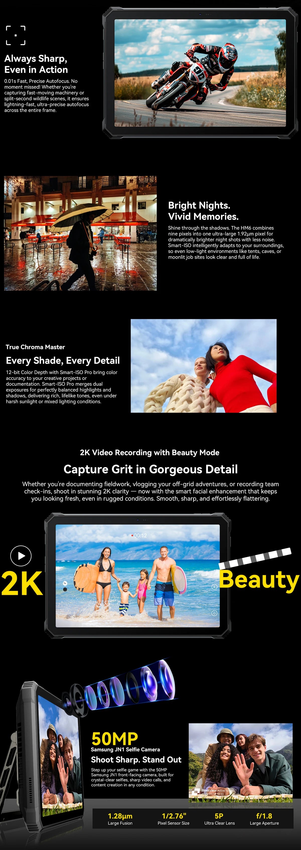 Blackview Active 12 Pro Rugged Tablet Android 15, Dimensity 7300 5G Pad 11 inch Widevine L1 Autofocus Projector, 16GB+ 1TB 30000mAh Tablet Phone 5G Calling