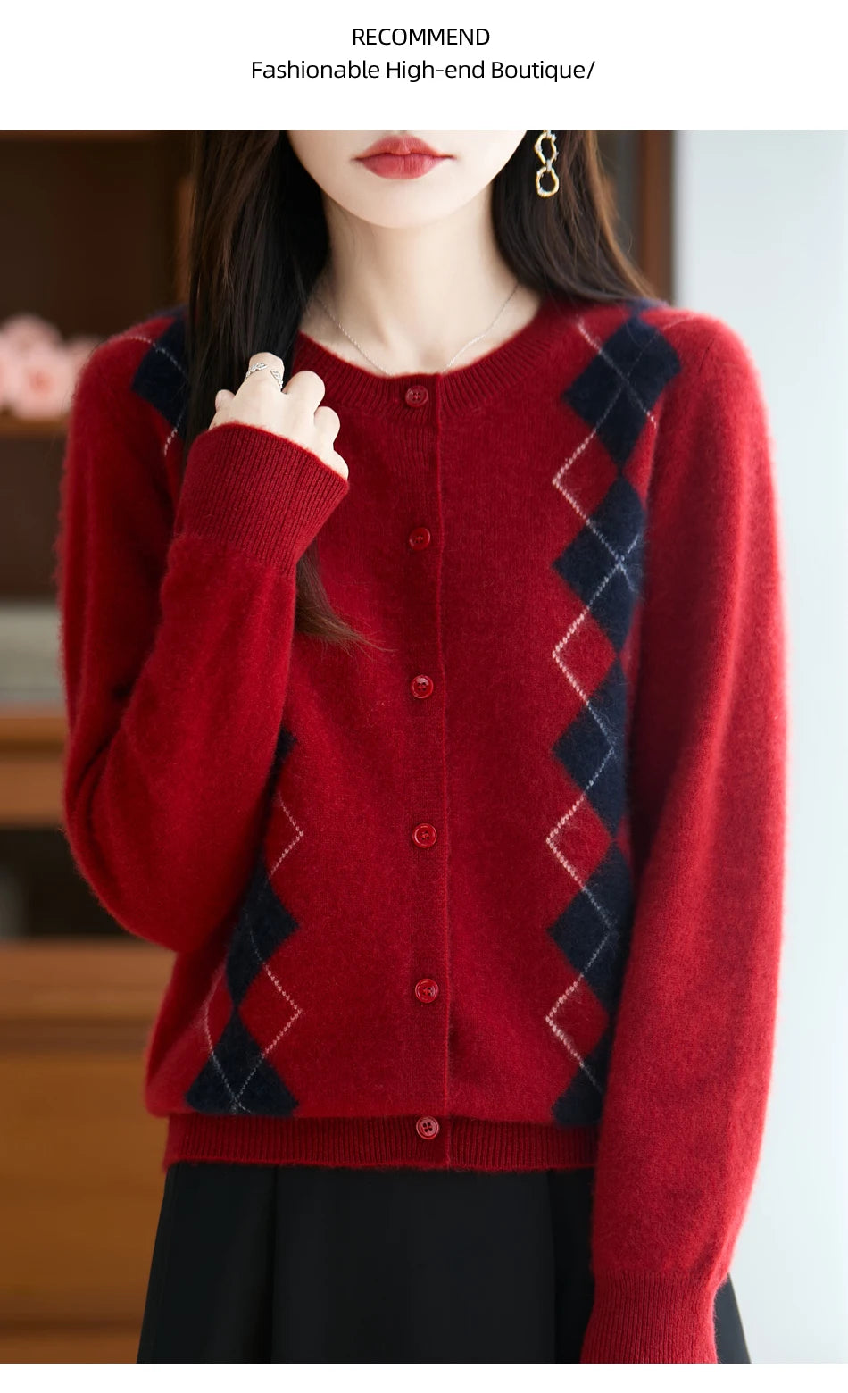 Quality Women's 100% Merino Wool O-neck Diamond Grid Jacquard Cardigan Autumn Winter Casual Sweater Basic Simple Comfort Knitted