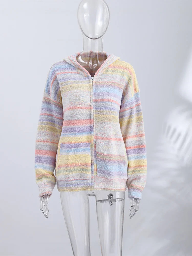 Knitted Rainbow Sweater Woman Hooded Cardigan Colorful Loose Knitwear Long Sleeve Jacket Zipper Coats Autumn Winter Outerwears