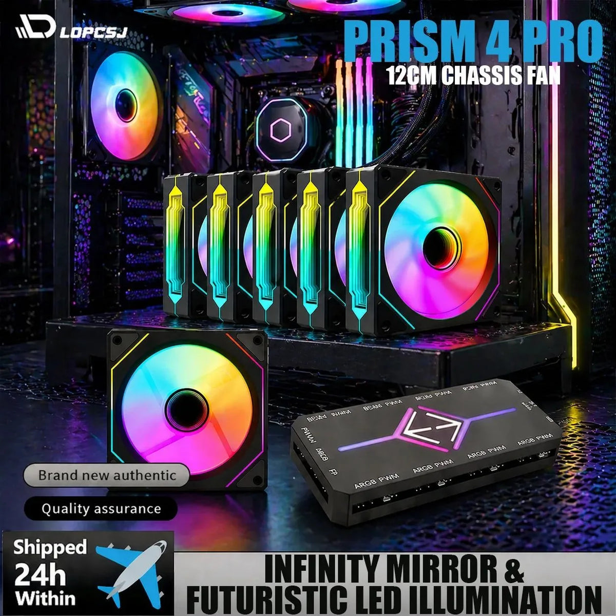 LDPCSJ 6 Pack 12cm 120mm Addressable ARGB Case Cooling Fans 4 Pin PWM Variable Speed 5V 3 Pin A-RGB Light Synchronization Fan Set with Included ARGB Controller Hub High Static Pressure Radiator Fans for ATX Gaming PC Liquid C