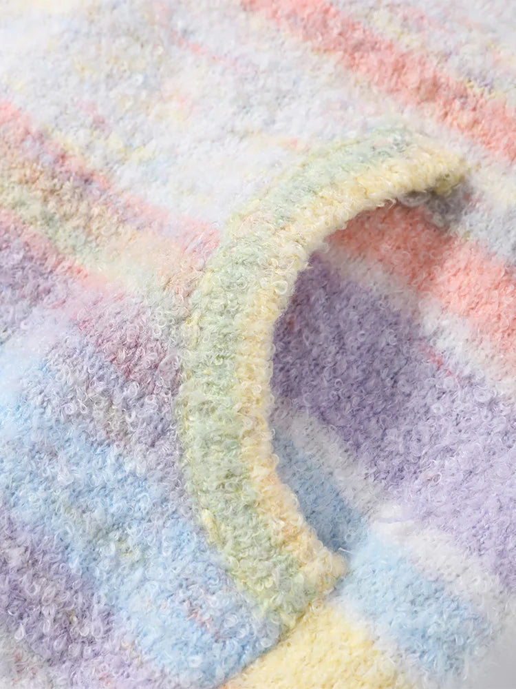 Knitted Rainbow Sweater Woman Hooded Cardigan Colorful Loose Knitwear Long Sleeve Jacket Zipper Coats Autumn Winter Outerwears