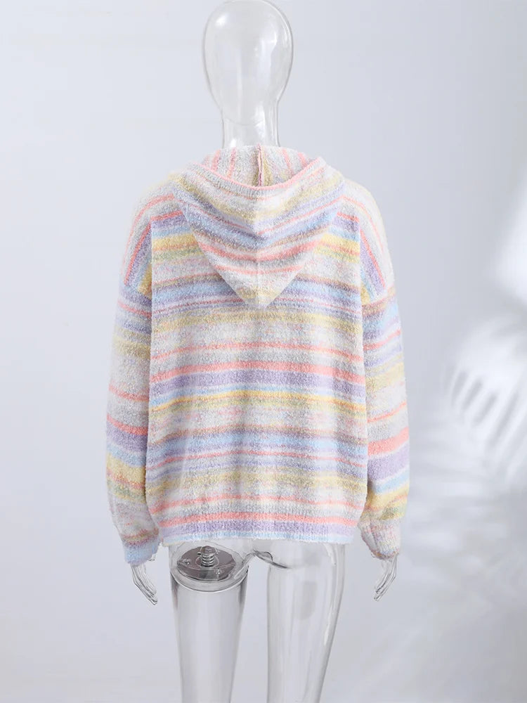 Knitted Rainbow Sweater Woman Hooded Cardigan Colorful Loose Knitwear Long Sleeve Jacket Zipper Coats Autumn Winter Outerwears