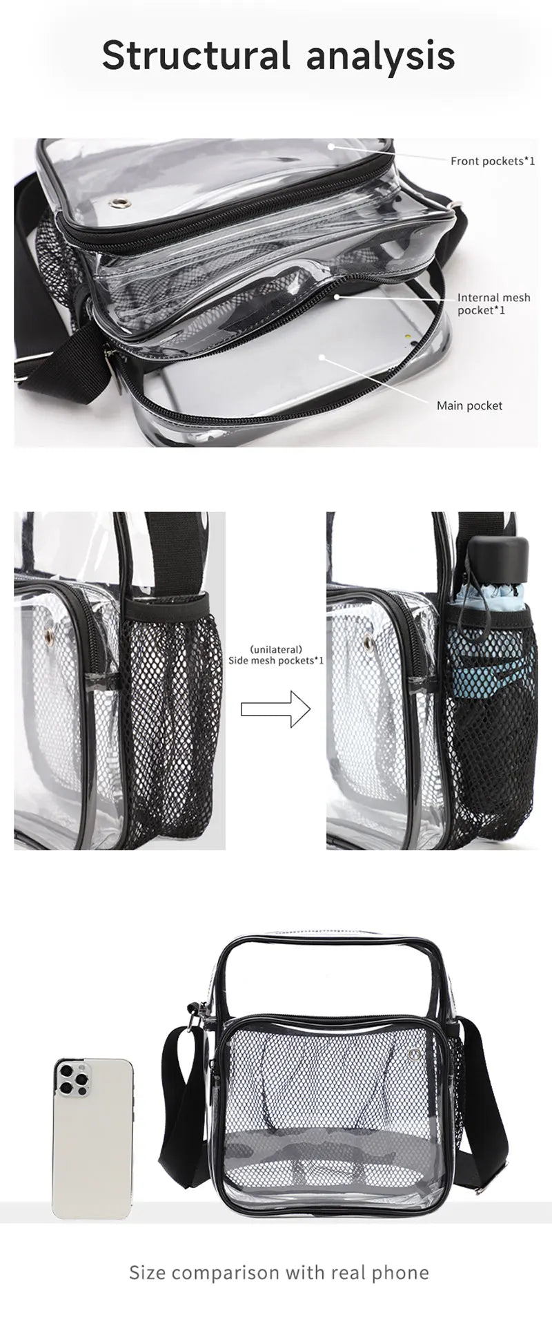 TINYAT Women Lightweight Mesh Strap Waterproof Transparent pvc Bags Put Lost Headphone Jack Umbrella Cell Phone 9.7 inch iPad