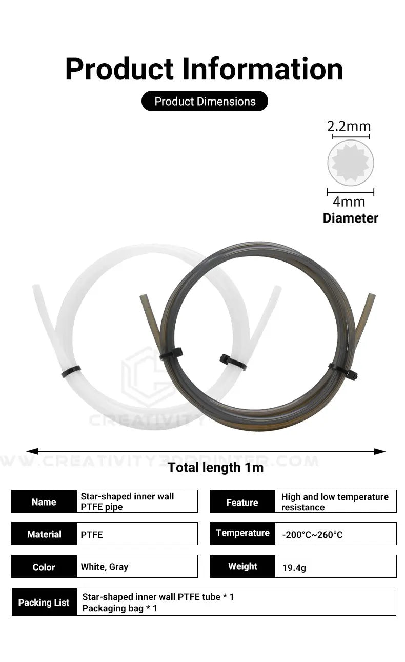 Creativity 3D Printer Parts Low-Resistance Star Shaped PTFE Tube Ultra-Smooth Flow Heat-Resistant Durability for Lab X1P1 A1 AMS