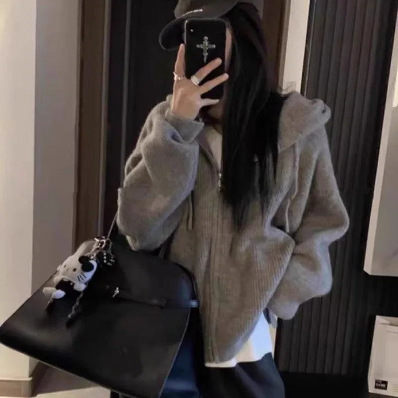High-end zipper hooded pure cashmere knitted cardigan women's autumn and winter loose woolen coat hoodie and wool jacket