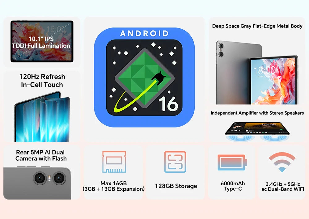 Teclast P30T Set 10.1" Tablet Android 16 Unisoc 8-core Max 16GB(3GB+13GB Expansion) RAM 128GB ROM 6000mAh Keyboard/Case/Mouse/Stylus/Headphone/Stand
