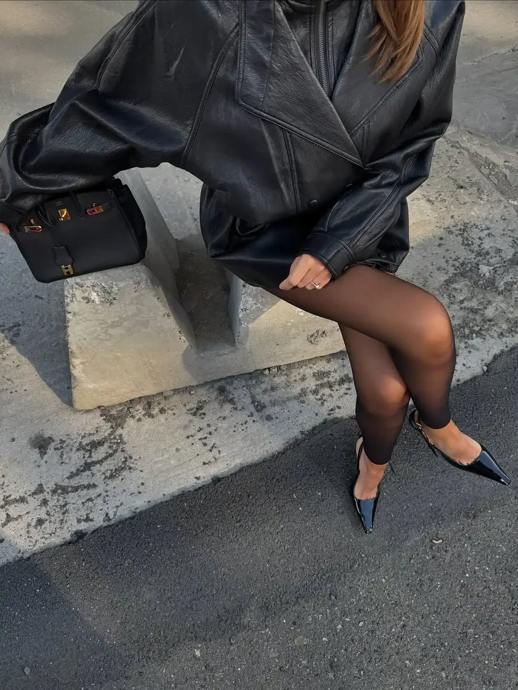 Solid Glossy Leather Jacket Women Fashion Stand Collar Zipper Pocket Cinched-waist Coat Autumn Lady Daily High Street Overcoat