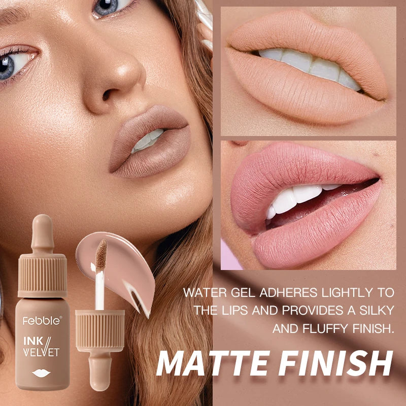 Febble 6 Color Matte Lip Gloss Nude Velvet Liquid Lipstick Multifunctional Long-lasting Lip Cosmetics Suitable for Autumn Winter