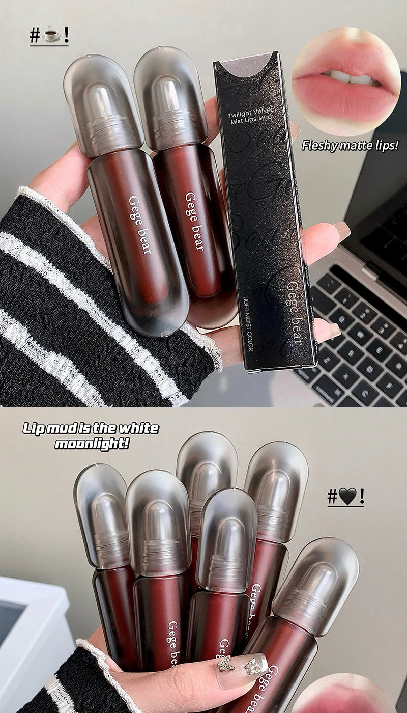 Gege bear Twilight Velvet Mist Lip Clay Matte Pure Color, Autumn and Winter Lip Glaze Rich and feminine,Apply makeup naturally