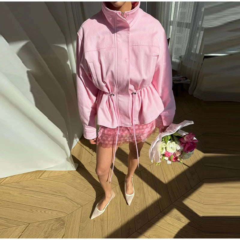 Fashion Solid Drawstring Waist Cinching Jacket Women Stand Full Sleeve Full Sleeve Pocket Jackets 2026 Autumn Casual Outwear
