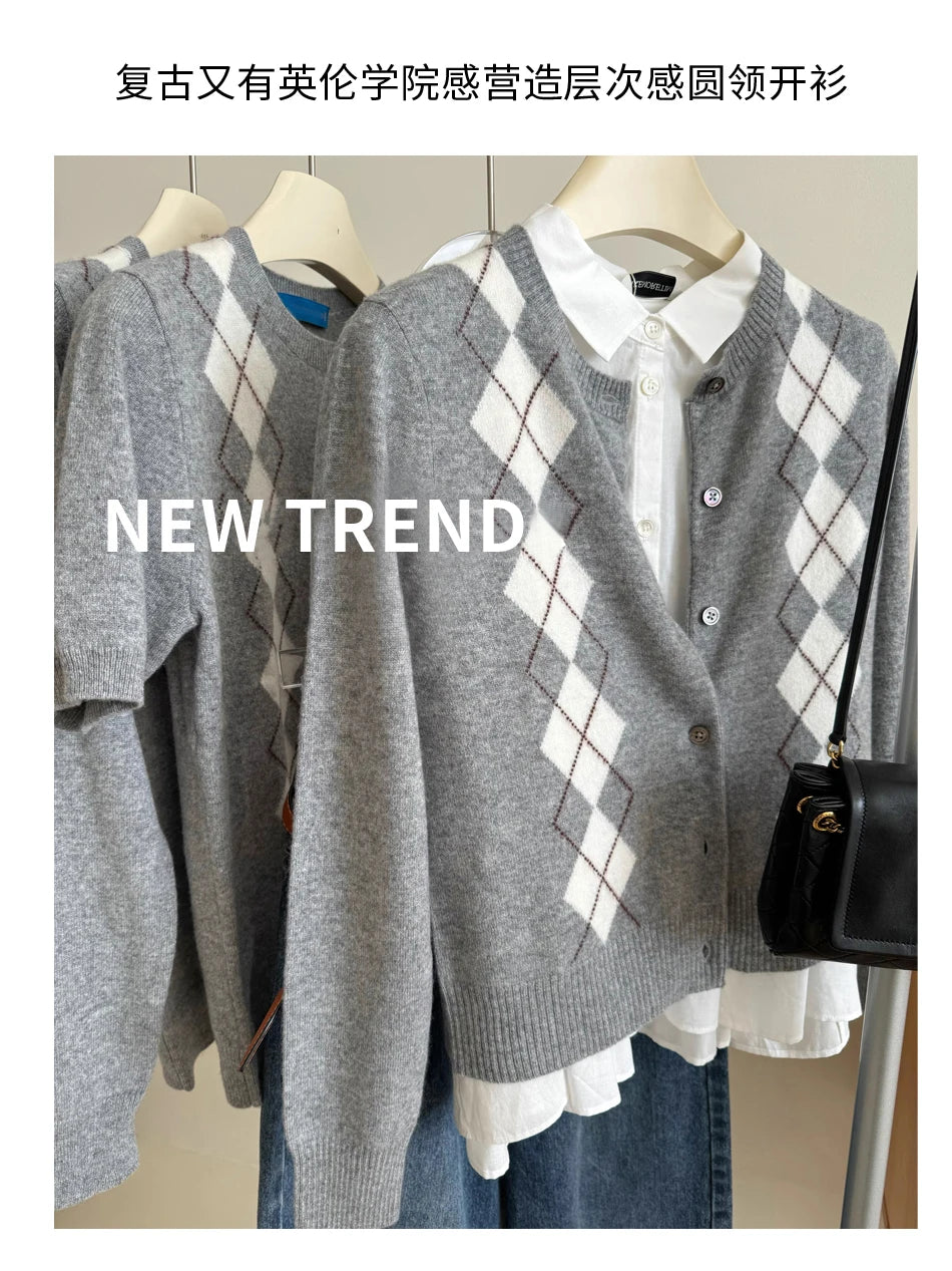 Quality Women's 100% Merino Wool O-neck Diamond Grid Jacquard Cardigan Autumn Winter Casual Sweater Basic Simple Comfort Knitted