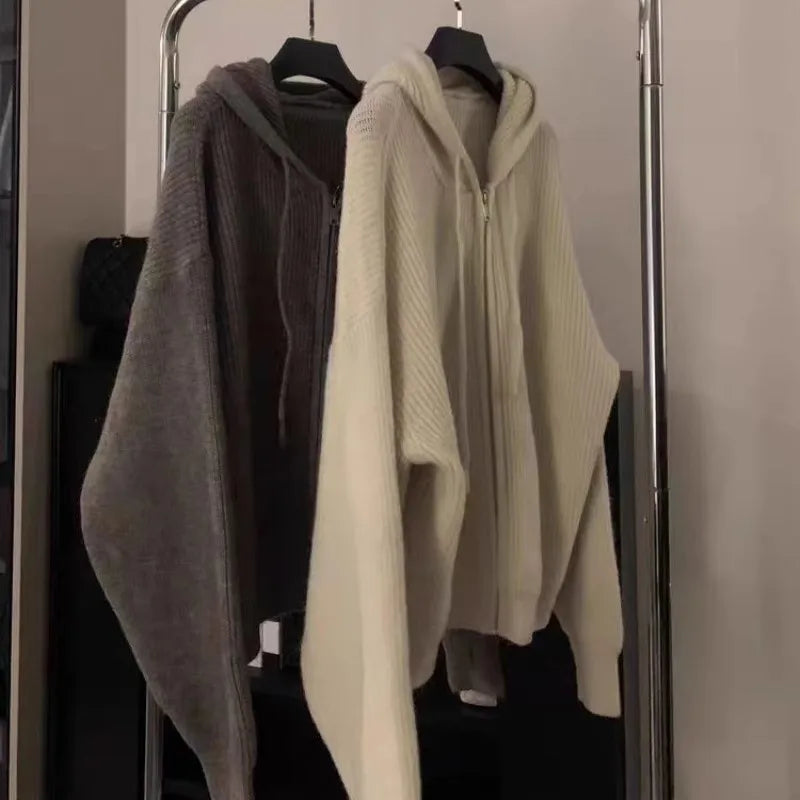 High-end zipper hooded pure cashmere knitted cardigan women's autumn and winter loose woolen coat hoodie and wool jacket