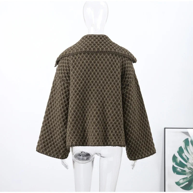 Fashion Lapel Plaid Knit Cardigan Women Loose Single Breasted Pocket Warm Jackets 2025 Autumn Winter Chic Lady Knitwear New Coat