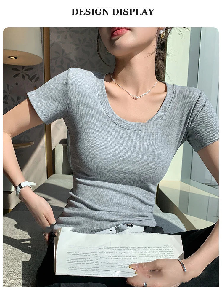 BIVIGAOS Summer New Solid Color U-Neck Short Sleeve T-Shirt Women Casual Fashionable Threaded Cotton Slim Tshirt Top