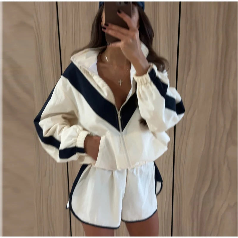 Fashion Color Blocking Women's Cropped Coats Autumn Patchwork Lapel Full Sleeve Loose Jacket New Casual Street Outwear 2026