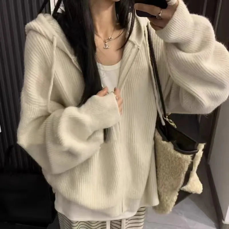 High-end zipper hooded pure cashmere knitted cardigan women's autumn and winter loose woolen coat hoodie and wool jacket