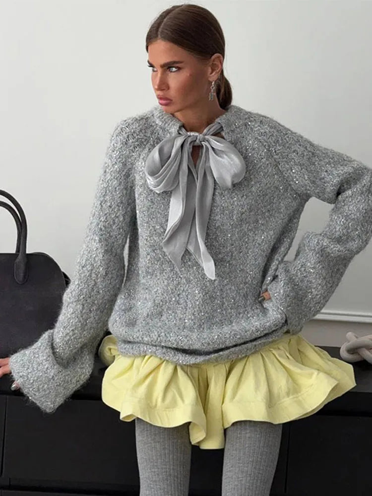Shiny Thread Knit Pullover Women Loose O Neck Lace Up Bow Long Sleeves Sweater Female 2025 Autumn Winter New Chic Solid Knitwear