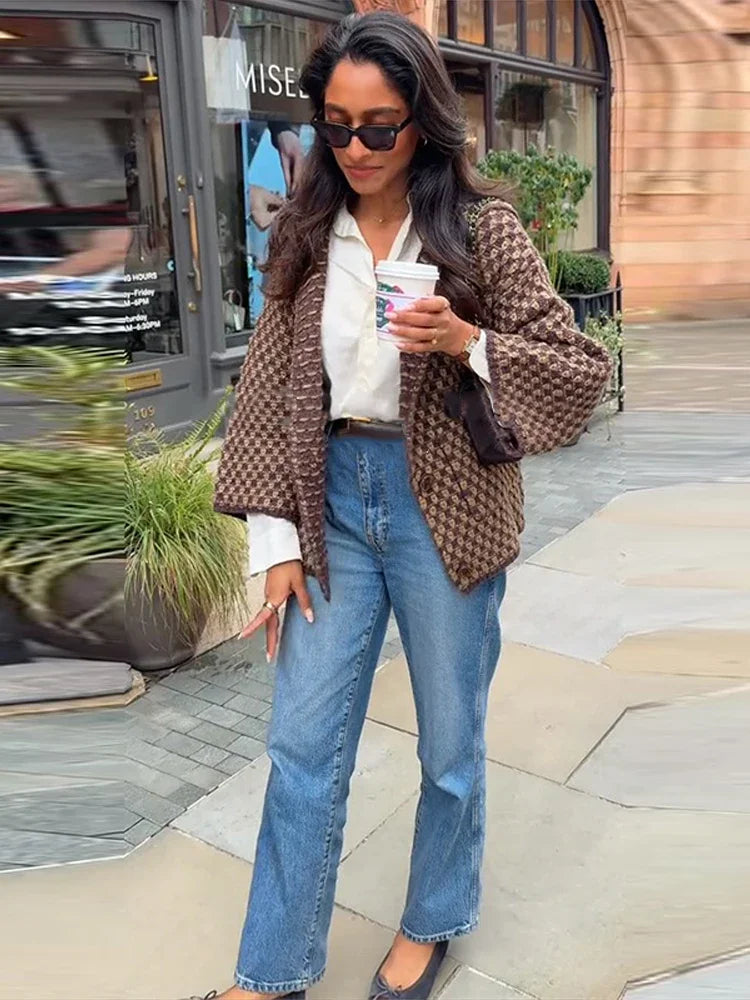 Fashion Lapel Plaid Knit Cardigan Women Loose Single Breasted Pocket Warm Jackets 2025 Autumn Winter Chic Lady Knitwear New Coat