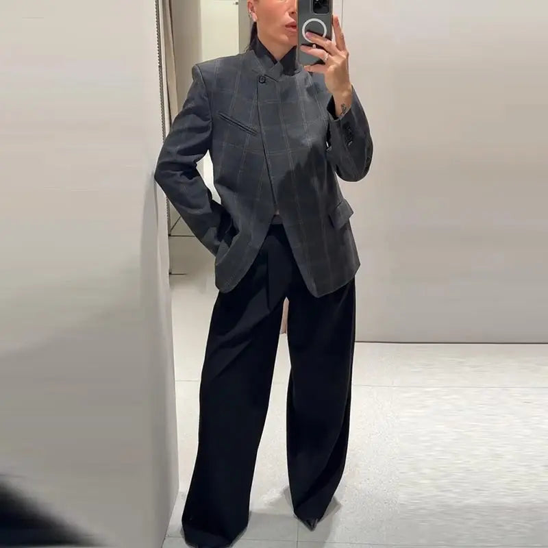 Elegant Plaid Woolen Jacket Women Loose Full Sleeve Stand Collar Double Breasted Coat Female 2026 Spring Chic Outwear Lady New