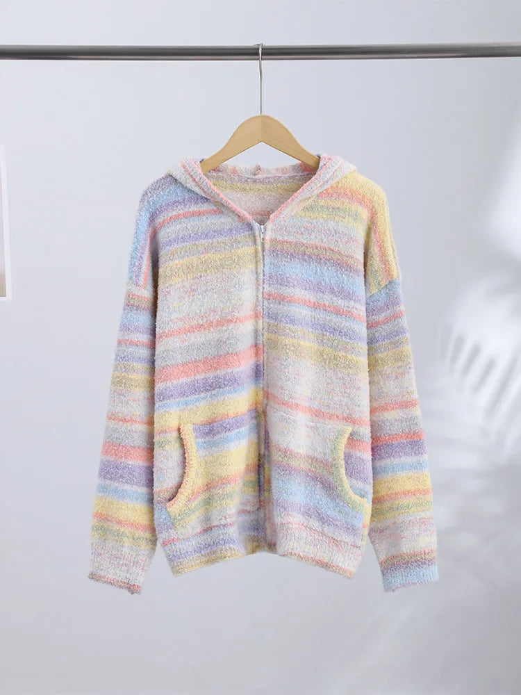 Knitted Rainbow Sweater Woman Hooded Cardigan Colorful Loose Knitwear Long Sleeve Jacket Zipper Coats Autumn Winter Outerwears
