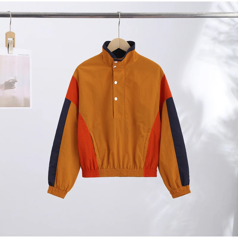 Casual Contrast Color Women's Coat Long Sleeve Loose Stand Collar Button Lady Jackets 2026 Fashion Female Autumn Outerwear